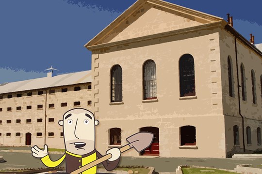 Cartoon convict holding shovel standing in front of Main Cell Block