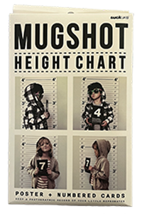Child posing for mugshot displayed on front cover of mugshot height chart