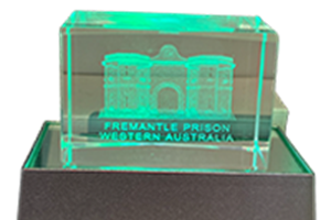 Laser cut 3D crystal featuring Fremantle Prison Gatehouse on stand